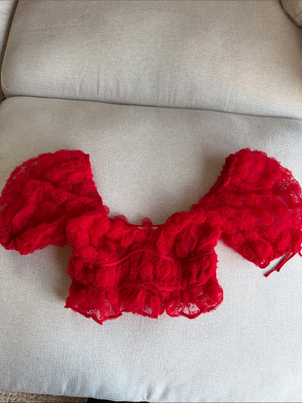For Love And Lemons Red Floral Ruffle Bandeau Crop Top